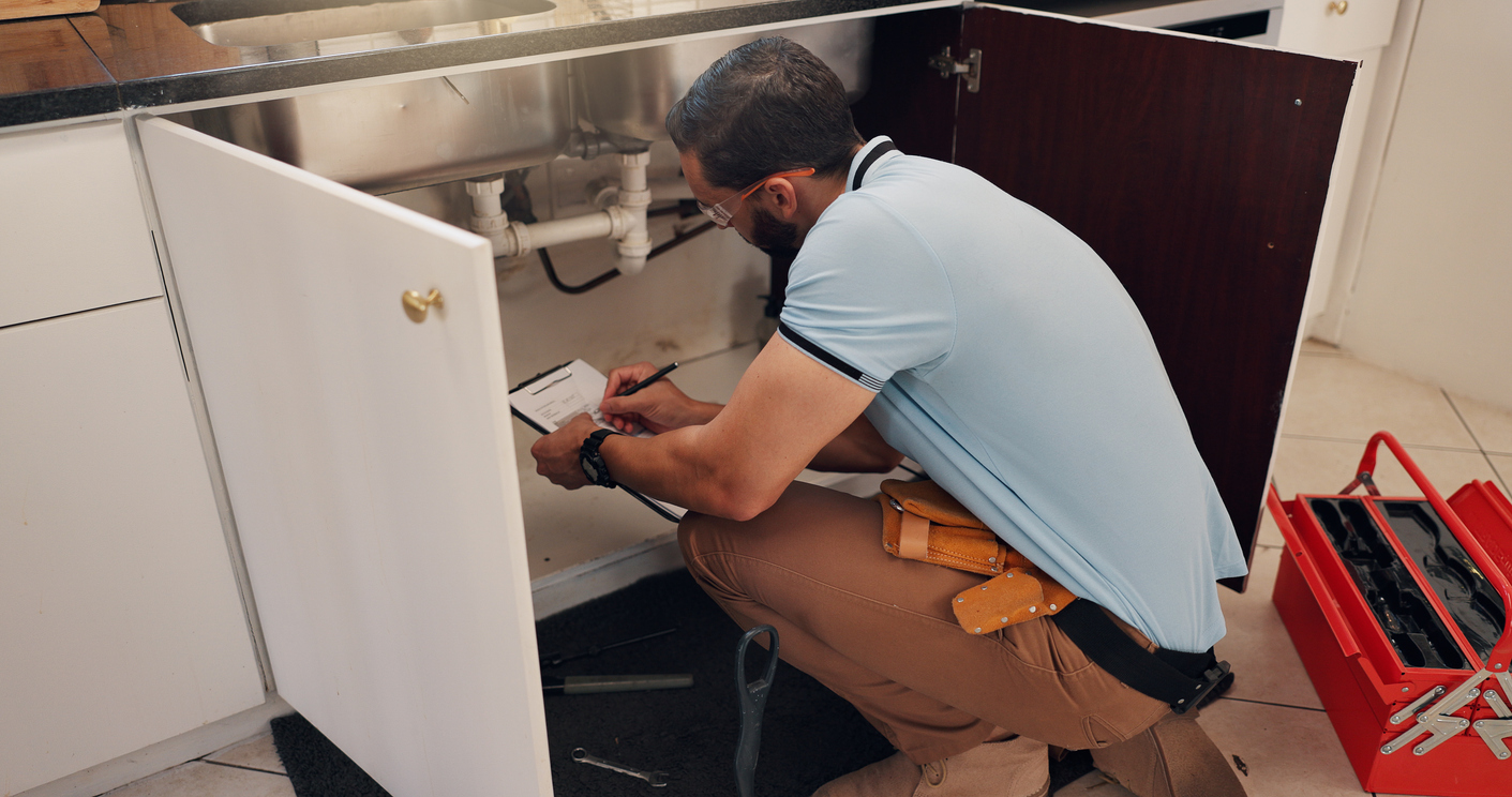 A man leans under a kitchen sink cabinet and writes on a clipboard.