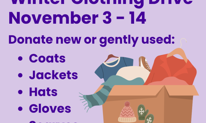 A graphic advertising a winter clothing drive on November 3 through 14, 2025.