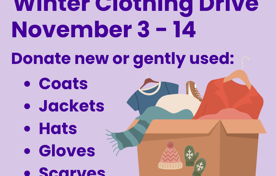 A graphic advertising a winter clothing drive on November 3 through 14, 2025.