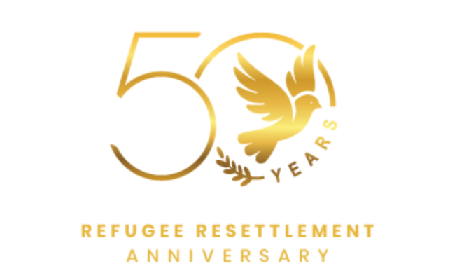 A logo with a gold number 50 and an illustrated bird with the words refugee resettlement anniversary.