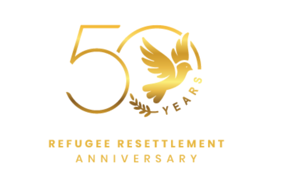 A logo with a gold number 50 and an illustrated bird with the words refugee resettlement anniversary.