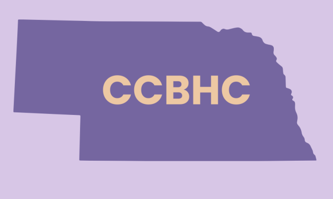 The letters CCBHC inside a purple outline of the state of Nebraska.