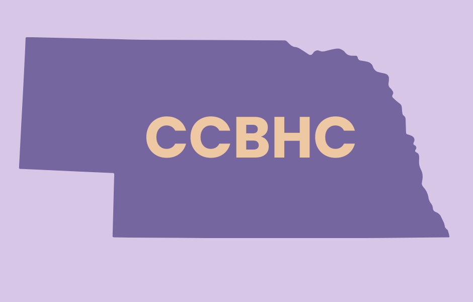 The letters CCBHC inside a purple outline of the state of Nebraska.