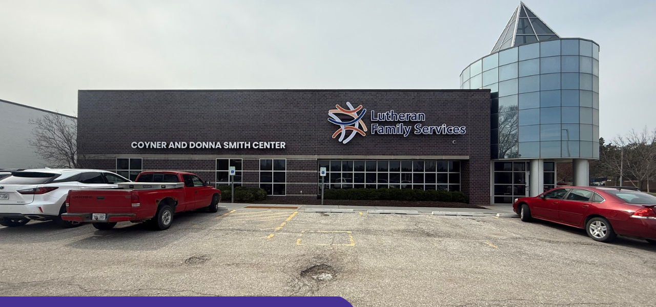 An exterior image of the Lutheran Family Services Coyner and Donna Smith Center with the title: 2025 Smith Center Dedication.