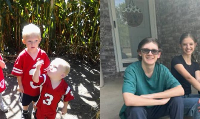 Deb Tremain's adopted children pictured on the left when they were toddlers and on the right as teenagers.