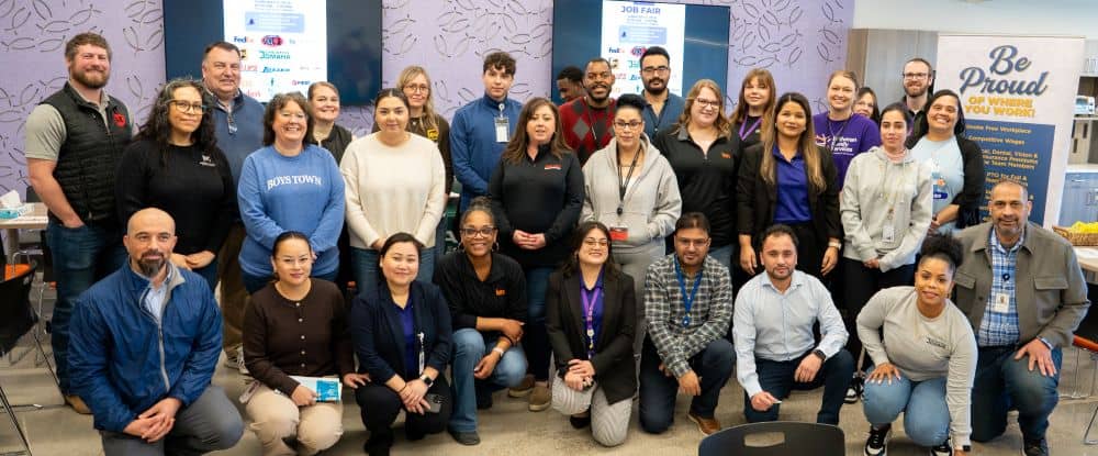 A group photo of all employer representatives that participated in a job fair at LFS Headquarters.