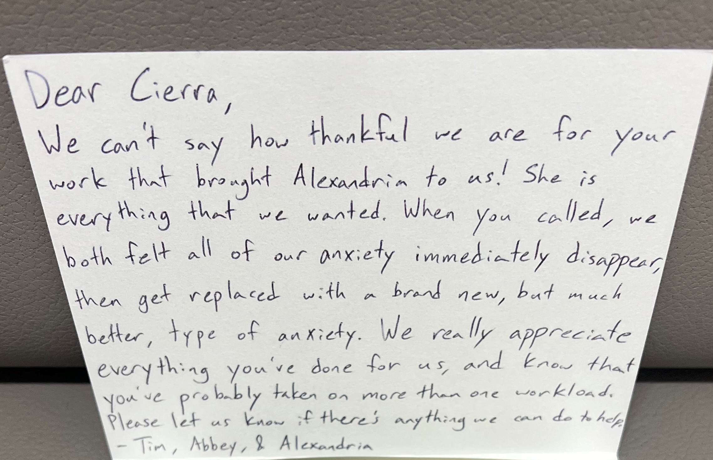 A thankful note from adoptive parents to the adoption coordinator at LFS.
